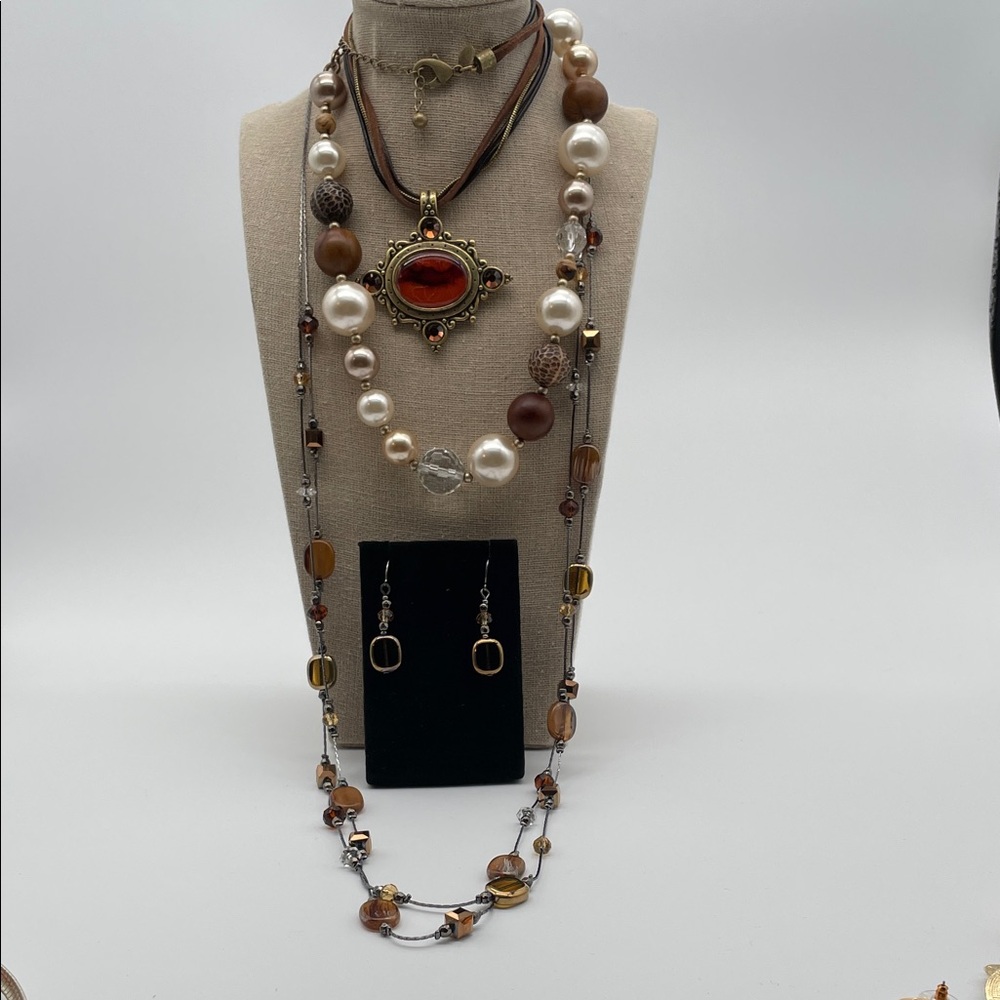 Chico's Red, Amber, Brown Multi-Strand Jewelry Bundle Set